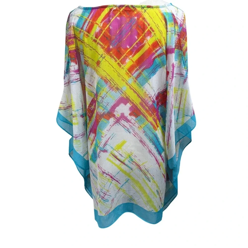 Rose & Olive Womens 2X Kaftan Tunic Top Abstract Print Blue‎ Tassel Boho